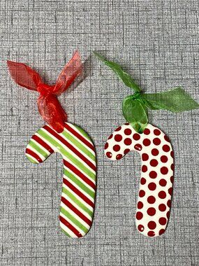 RARE RETIRED M. Bagwell Ceramic Candy Cane Set Christmas Ornament Ribbon NOS HTF